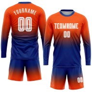 Maillot de football personnalisé à manches longues, orange, blanc et bleu royal, par sublimation Maillot de football personnalisé à manches longues, orange, blanc et bleu royal, par sublimation